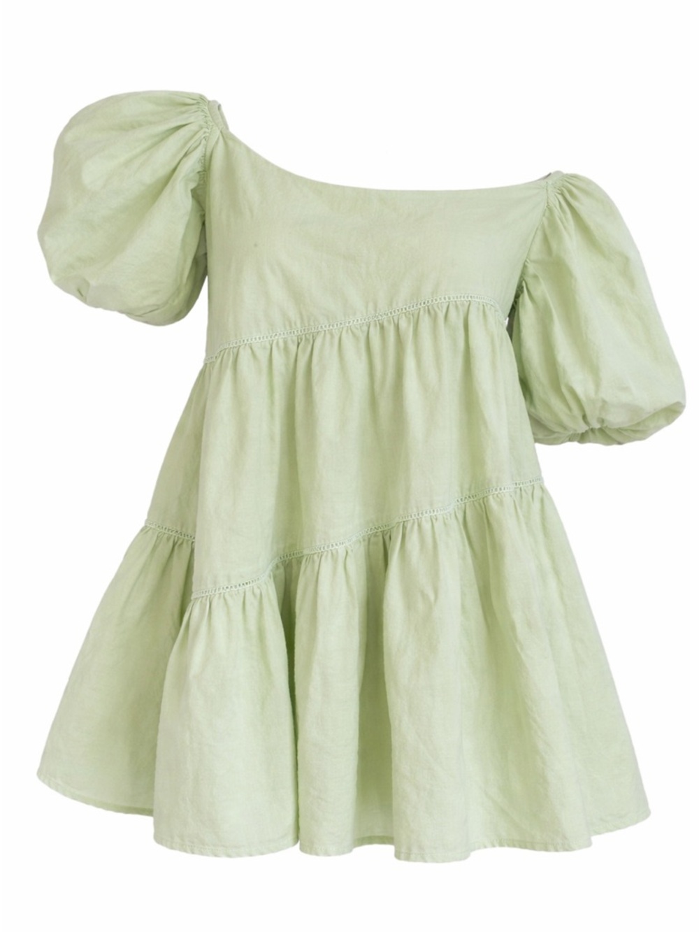 Showpo green off shoulder puff sleeve babydoll mini dress - light green - 8